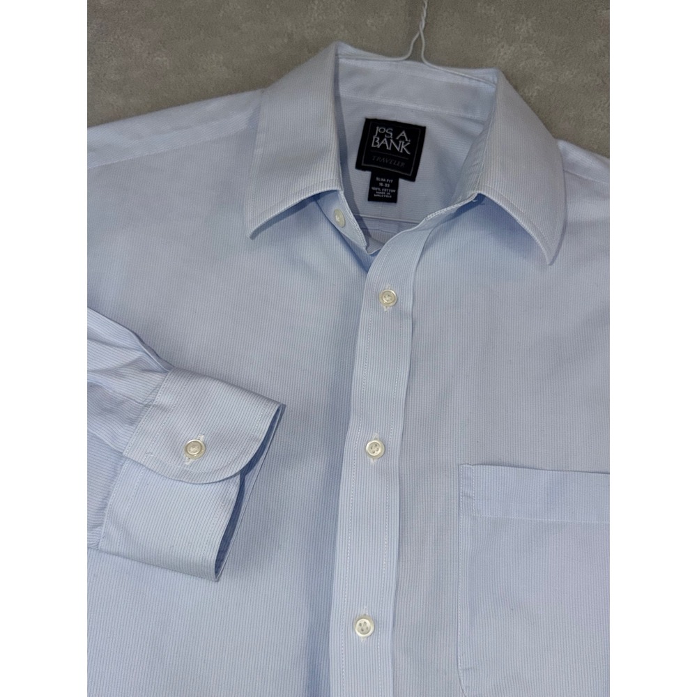 Jos. A. Bank Traveler Mens Slim Fit Dress Shirt 15X33 Blue Micro Stripe Cotton